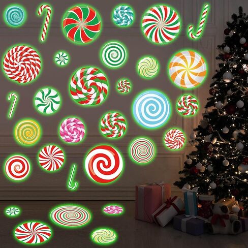 Pasimy 43 Pcs Glow in The Dark Christmas Floor Decals Large Size Christmas Peppermint Wall Stickers Christmas Candy Window Decals for Xmas Holiday Party Decorations, Green Luminous in Saudi Arabia