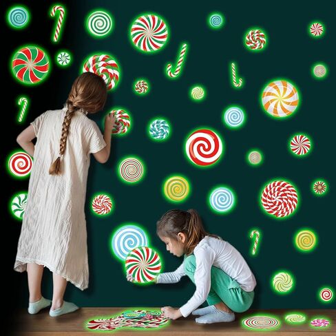Pasimy 43 Pcs Glow in The Dark Christmas Floor Decals Large Size Christmas Peppermint Wall Stickers Christmas Candy Window Decals for Xmas Holiday Party Decorations, Green Luminous in Saudi Arabia