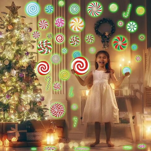 Pasimy 43 Pcs Glow in The Dark Christmas Floor Decals Large Size Christmas Peppermint Wall Stickers Christmas Candy Window Decals for Xmas Holiday Party Decorations, Green Luminous in Saudi Arabia