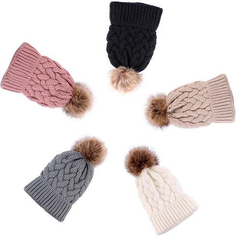 Camidy Kids Winter Beanie Hat, Warm Knitted Pom Beanie Hat Mother Baby Boys Girls Winter Warm Fur Pompom Hat Knit Beanie Hat in Kuwait