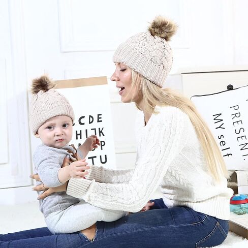 Camidy Kids Winter Beanie Hat, Warm Knitted Pom Beanie Hat Mother Baby Boys Girls Winter Warm Fur Pompom Hat Knit Beanie Hat in Kuwait
