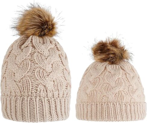Camidy Kids Winter Beanie Hat, Warm Knitted Pom Beanie Hat Mother Baby Boys Girls Winter Warm Fur Pompom Hat Knit Beanie Hat in Kuwait