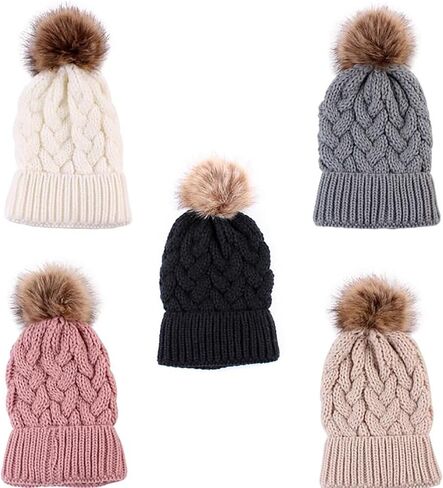 Camidy Kids Winter Beanie Hat, Warm Knitted Pom Beanie Hat Mother Baby Boys Girls Winter Warm Fur Pompom Hat Knit Beanie Hat in Kuwait