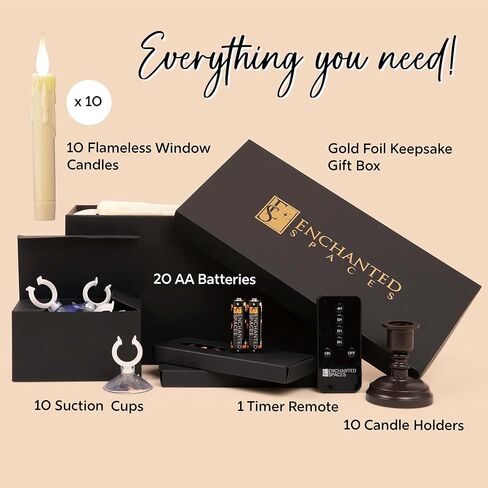 مجموعة Enchanted Spaces مكونة من 10 شموع عاجية عديمة اللهب بمؤقت يومي مع حامل شموع برونزية قابلة للإزالة، 20 بطارية AA، جهاز تحكم عن بعد مع مؤقت يومي، أكواب شفط للنافذة in Kuwait