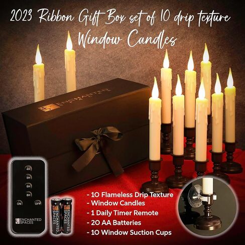 مجموعة Enchanted Spaces مكونة من 10 شموع عاجية عديمة اللهب بمؤقت يومي مع حامل شموع برونزية قابلة للإزالة، 20 بطارية AA، جهاز تحكم عن بعد مع مؤقت يومي، أكواب شفط للنافذة in Kuwait