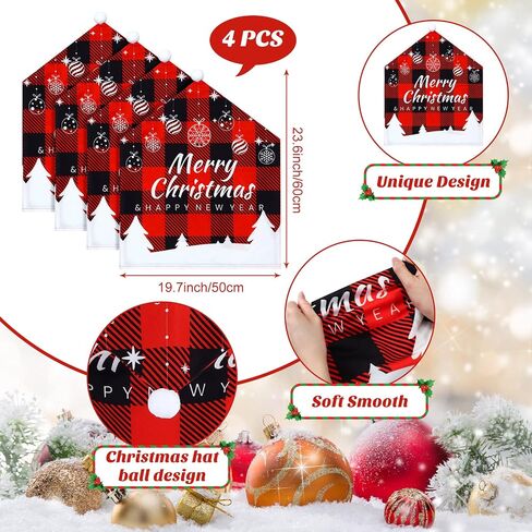 4 Pcs Christmas Covers for Chairs Buffalo Chair Covers with Red Black Buffalo Plaid Table Runner Christmas Dining Chair Cover Santa Hat Slipcover Xmas Chair Back Cover for Holiday Party Decoration in Saudi Arabia