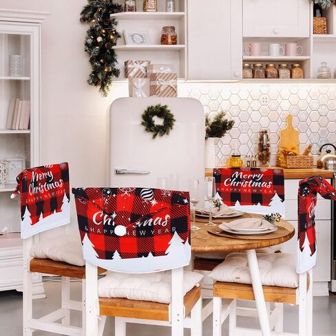 4 Pcs Christmas Covers for Chairs Buffalo Chair Covers with Red Black Buffalo Plaid Table Runner Christmas Dining Chair Cover Santa Hat Slipcover Xmas Chair Back Cover for Holiday Party Decoration in Saudi Arabia