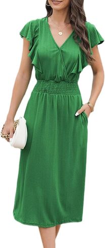 Happy Sailed Women's Summer V Neck Ruffle Short Sleeve Casual Smocked High Waist A Line Midi Dresses with Pockets in Saudi Arabia