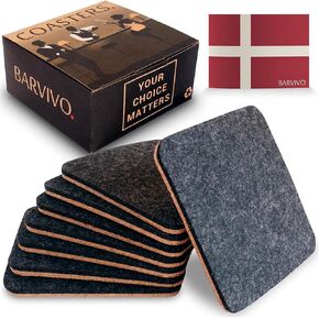 Barvivo Coasters for Drinks Absorbent- 8 Pcs Square Coasters for Coffee Table - Double Sided Felt & Cork Drink Coasters for Tabletop Protection - Suitable for Drinks, Coffee & All Table Types - Brown in Saudi Arabia