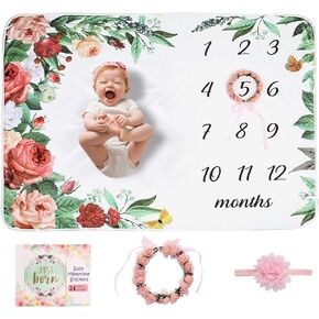 Baby Monthly Milestone Blanket | Floral Monthly Milestone Stickers, Premium Floral Wreath & Headband | Extra Soft Fleece Baby Photo Blankets for Newborn 1-12 Months for Girl and Boy in Saudi Arabia