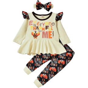 HINTINA Toddler Baby Girl Thanksgiving Outfits Ruffle Turkey Dress Top Pants Headband 3PC Fall Winter Clothes Set in Saudi Arabia