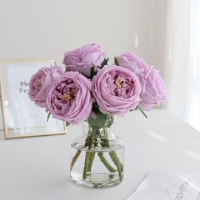grtefhu 6Pcs Fake Austin Rose Peonies Flowers with Vase, Clear Glass Vase with Pink Real Touch Peonies Artificial Flowers Home Decor(Pink)