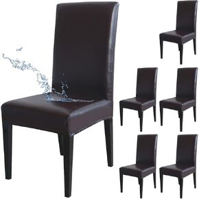 Jusmate Dining Chair Covers, Solid PU Leather Waterproof Oilproof Stretch Dining Chair Slipcover Chair Seat Protector Cover (Brown, 4 Pack) in Kuwait