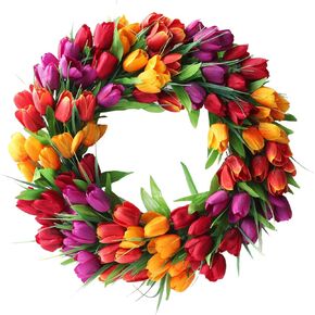 UNIE 20Inch Tulip Wreath Flower Wreaths for Front Door, Spring Silk Wreath with Green Leaves for Window Wall Wedding Valentines Day Decor in Saudi Arabia