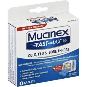 Mucinex Fast max Cold flu Sore Throat caplets, White, 8 Count in Kuwait