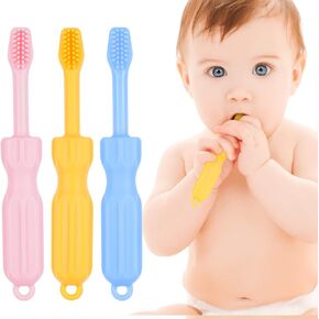 NiBaby 0-6 Months 6-12 Months 3-Pack Silicone Teething Toys for Babies Toothbrush Shape Baby Teether Toys BPA Free Freezable Dishwasher (Pink/Yellow/Blue) in Kuwait
