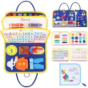 Busy Board for 1 2 3 4 Year Old Toddlers - Preschool Learning Activities Busy Book, Montessori Toys for Fine Motor Skills, Airplane Car Travel Essentials for Kids Boys Girls (Blue)