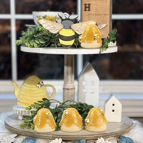 Howogee Wood Beehive Decor Farmhouse Bee Tiered Tray Display Spring Summer Bumble Bee Skep Nursery Home Decorations, 4 PCS in Saudi Arabia