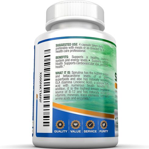 مسحوق سبيرولينا سوبر فود عالي الجودة من BRI 2000 مجم، معبأ بمضادات الأكسدة والبروتين والفيتامينات في كبسولات السليلوز النباتية سهلة البلع (120 قطعة) in Kuwait