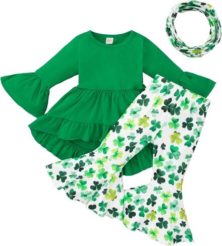 Noubeau Toddler Baby Girl St.Patrick's Day Outfits Ruffle Top Long Sleeve Dress Clover Print Flared Pants+Scarf 3Pcs Clothes in Saudi Arabia