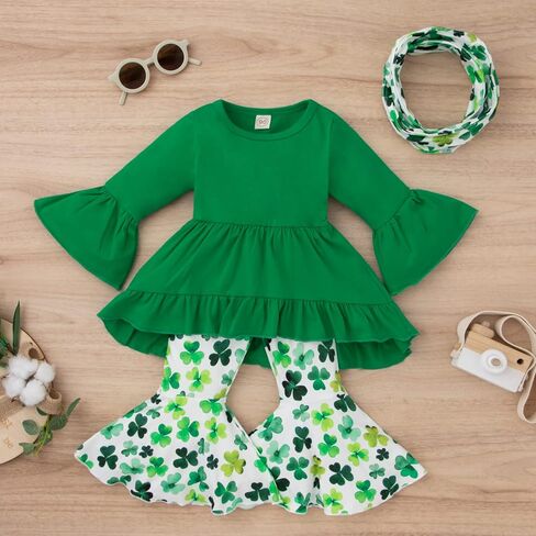 Noubeau Toddler Baby Girl St.Patrick's Day Outfits Ruffle Top Long Sleeve Dress Clover Print Flared Pants+Scarf 3Pcs Clothes in Saudi Arabia