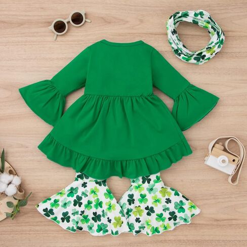 Noubeau Toddler Baby Girl St.Patrick's Day Outfits Ruffle Top Long Sleeve Dress Clover Print Flared Pants+Scarf 3Pcs Clothes in Saudi Arabia