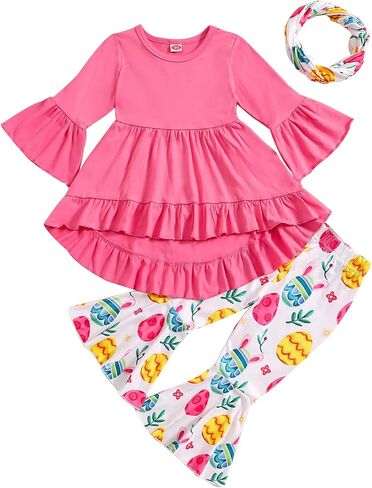 Noubeau Toddler Baby Girl St.Patrick's Day Outfits Ruffle Top Long Sleeve Dress Clover Print Flared Pants+Scarf 3Pcs Clothes in Saudi Arabia