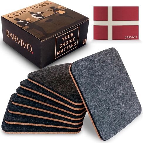 Barvivo Coasters for Drinks Absorbent- 8 Pcs Square Coasters for Coffee Table - Double Sided Felt & Cork Drink Coasters for Tabletop Protection - Suitable for Drinks, Coffee & All Table Types - Brown in Saudi Arabia