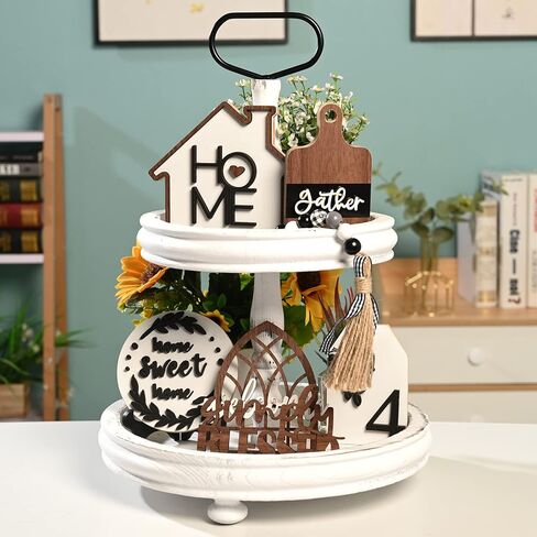 8 Pieces Farmhouse Tiered Tray Decor Set - Wooden Rustic Home Tier Tray Decorative Item for Sweet Home & Kitchen Table Party Decor in Kuwait