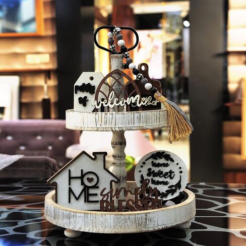 8 Pieces Farmhouse Tiered Tray Decor Set - Wooden Rustic Home Tier Tray Decorative Item for Sweet Home & Kitchen Table Party Decor in Kuwait