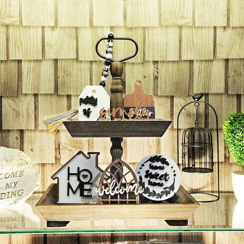 8 Pieces Farmhouse Tiered Tray Decor Set - Wooden Rustic Home Tier Tray Decorative Item for Sweet Home & Kitchen Table Party Decor in Kuwait