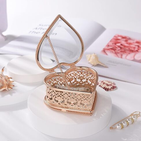 فانيروم صندوق مجوهرات زجاجي عتيق، طبق لعرض خاتم الخطوبة والزفاف، صندوق تذكاري على شكل قلب ذهبي in Kuwait