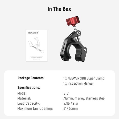 NEEWER Super Clamp with Cold Shoe and 1/4" 3/8" Threaded Holes, Max Load 4.4lb/2kg, Crab Shaped Camera Clamp Mount for Most Photography Accessories, Compatible with SmallRig Magic Arms, Black, ST84 in Kuwait