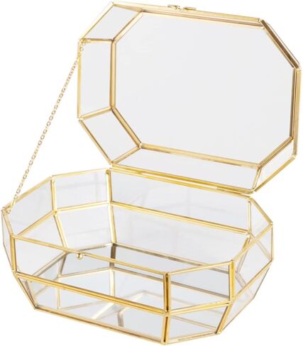 Vellon Gold and Clear Jewelry Trinket Box, Glass Decorative Box, Chic Design Storage for Cosmetic/Bracelet/Necklace/Ring, Idea Gift, Including 26 Glass Panels and 112 Golden Metal Line in Kuwait