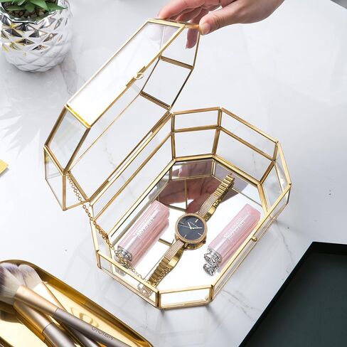 Vellon Gold and Clear Jewelry Trinket Box, Glass Decorative Box, Chic Design Storage for Cosmetic/Bracelet/Necklace/Ring, Idea Gift, Including 26 Glass Panels and 112 Golden Metal Line in Kuwait