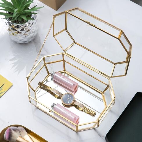 Vellon Gold and Clear Jewelry Trinket Box, Glass Decorative Box, Chic Design Storage for Cosmetic/Bracelet/Necklace/Ring, Idea Gift, Including 26 Glass Panels and 112 Golden Metal Line in Kuwait