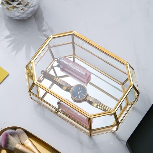 Vellon Gold and Clear Jewelry Trinket Box, Glass Decorative Box, Chic Design Storage for Cosmetic/Bracelet/Necklace/Ring, Idea Gift, Including 26 Glass Panels and 112 Golden Metal Line in Kuwait