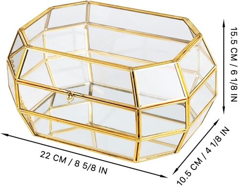 Vellon Gold and Clear Jewelry Trinket Box, Glass Decorative Box, Chic Design Storage for Cosmetic/Bracelet/Necklace/Ring, Idea Gift, Including 26 Glass Panels and 112 Golden Metal Line in Kuwait