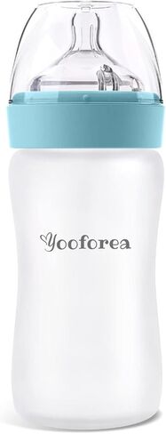 Yooforea Silicone Coated Glass Baby Bottle, 2M+ Medium Flow Nipple I Anti-Colic, Wide Neck, Stable Base I Medical-Grade Silicone Coating for Shatter Protection, BPA BPS PVC Free (2 Pack, 5 Ounce-Tea) in Saudi Arabia