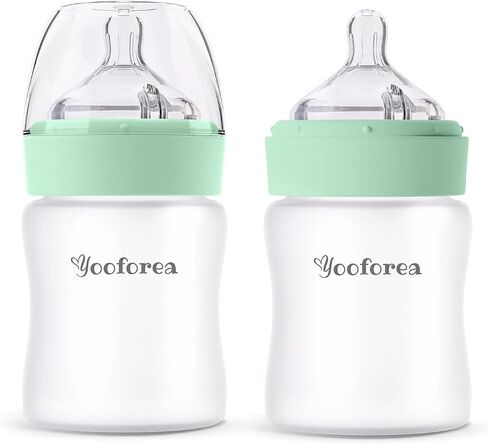 Yooforea Silicone Coated Glass Baby Bottle, 2M+ Medium Flow Nipple I Anti-Colic, Wide Neck, Stable Base I Medical-Grade Silicone Coating for Shatter Protection, BPA BPS PVC Free (2 Pack, 5 Ounce-Tea) in Saudi Arabia