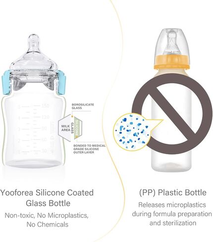 Yooforea Silicone Coated Glass Baby Bottle, 2M+ Medium Flow Nipple I Anti-Colic, Wide Neck, Stable Base I Medical-Grade Silicone Coating for Shatter Protection, BPA BPS PVC Free (2 Pack, 5 Ounce-Tea) in Saudi Arabia