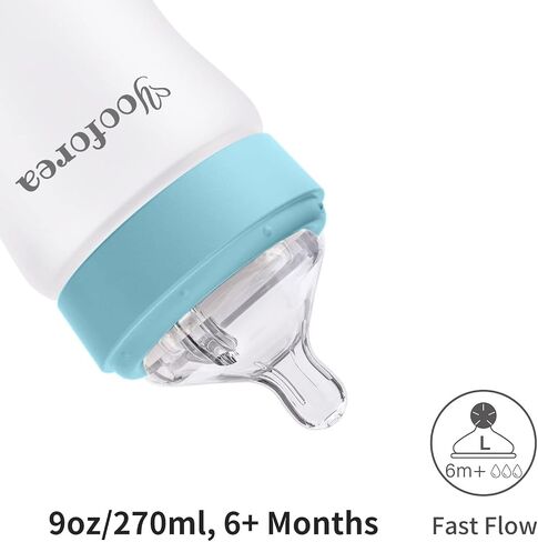 Yooforea Silicone Coated Glass Baby Bottle, 2M+ Medium Flow Nipple I Anti-Colic, Wide Neck, Stable Base I Medical-Grade Silicone Coating for Shatter Protection, BPA BPS PVC Free (2 Pack, 5 Ounce-Tea) in Saudi Arabia