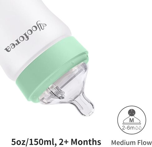 Yooforea Silicone Coated Glass Baby Bottle, 2M+ Medium Flow Nipple I Anti-Colic, Wide Neck, Stable Base I Medical-Grade Silicone Coating for Shatter Protection, BPA BPS PVC Free (2 Pack, 5 Ounce-Tea) in Saudi Arabia