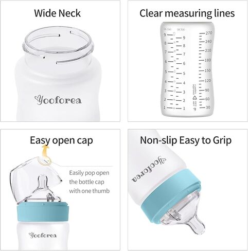 Yooforea Silicone Coated Glass Baby Bottle, 2M+ Medium Flow Nipple I Anti-Colic, Wide Neck, Stable Base I Medical-Grade Silicone Coating for Shatter Protection, BPA BPS PVC Free (2 Pack, 5 Ounce-Tea) in Saudi Arabia