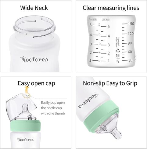 Yooforea Silicone Coated Glass Baby Bottle, 2M+ Medium Flow Nipple I Anti-Colic, Wide Neck, Stable Base I Medical-Grade Silicone Coating for Shatter Protection, BPA BPS PVC Free (2 Pack, 5 Ounce-Tea) in Saudi Arabia