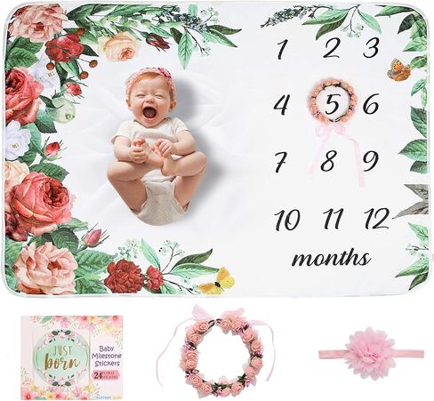 Baby Monthly Milestone Blanket | Floral Monthly Milestone Stickers, Premium Floral Wreath & Headband | Extra Soft Fleece Baby Photo Blankets for Newborn 1-12 Months for Girl and Boy in Saudi Arabia