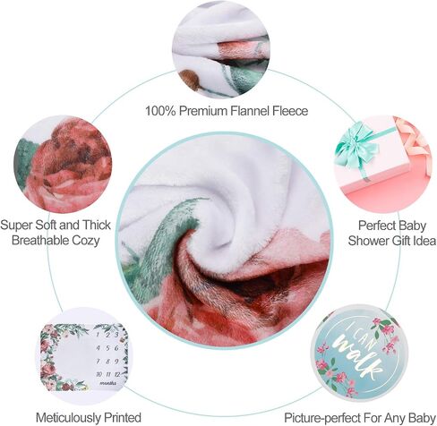 Baby Monthly Milestone Blanket | Floral Monthly Milestone Stickers, Premium Floral Wreath & Headband | Extra Soft Fleece Baby Photo Blankets for Newborn 1-12 Months for Girl and Boy in Saudi Arabia