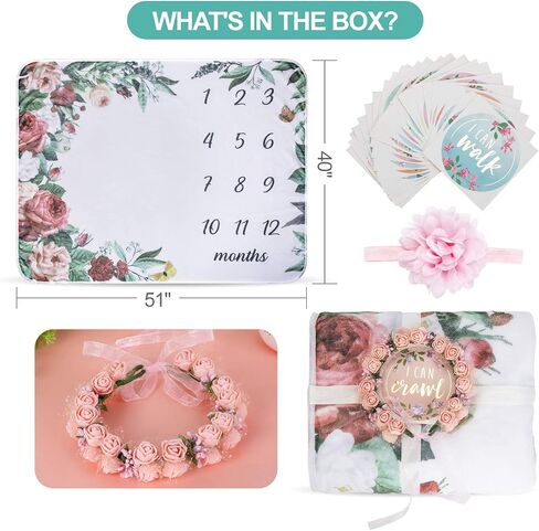 Baby Monthly Milestone Blanket | Floral Monthly Milestone Stickers, Premium Floral Wreath & Headband | Extra Soft Fleece Baby Photo Blankets for Newborn 1-12 Months for Girl and Boy in Saudi Arabia