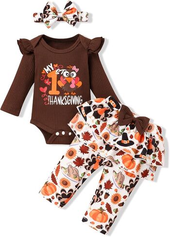 Crazyme Newborn Baby Girl Clothes My First Thanksgiving Outfits Toddler Girl Long Sleeve Ruffle Romper Pants Set in Saudi Arabia