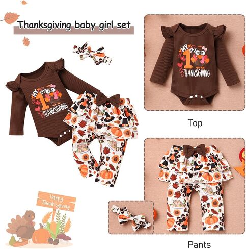 Crazyme Newborn Baby Girl Clothes My First Thanksgiving Outfits Toddler Girl Long Sleeve Ruffle Romper Pants Set in Saudi Arabia